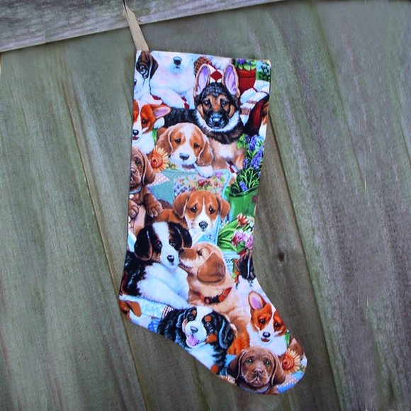 CUTE PUPPIES CHRISTMAS STOCKING HANDMADE HOLIDAY PUPPY DOG 100% COTTON LINED - Picture 5 of 5